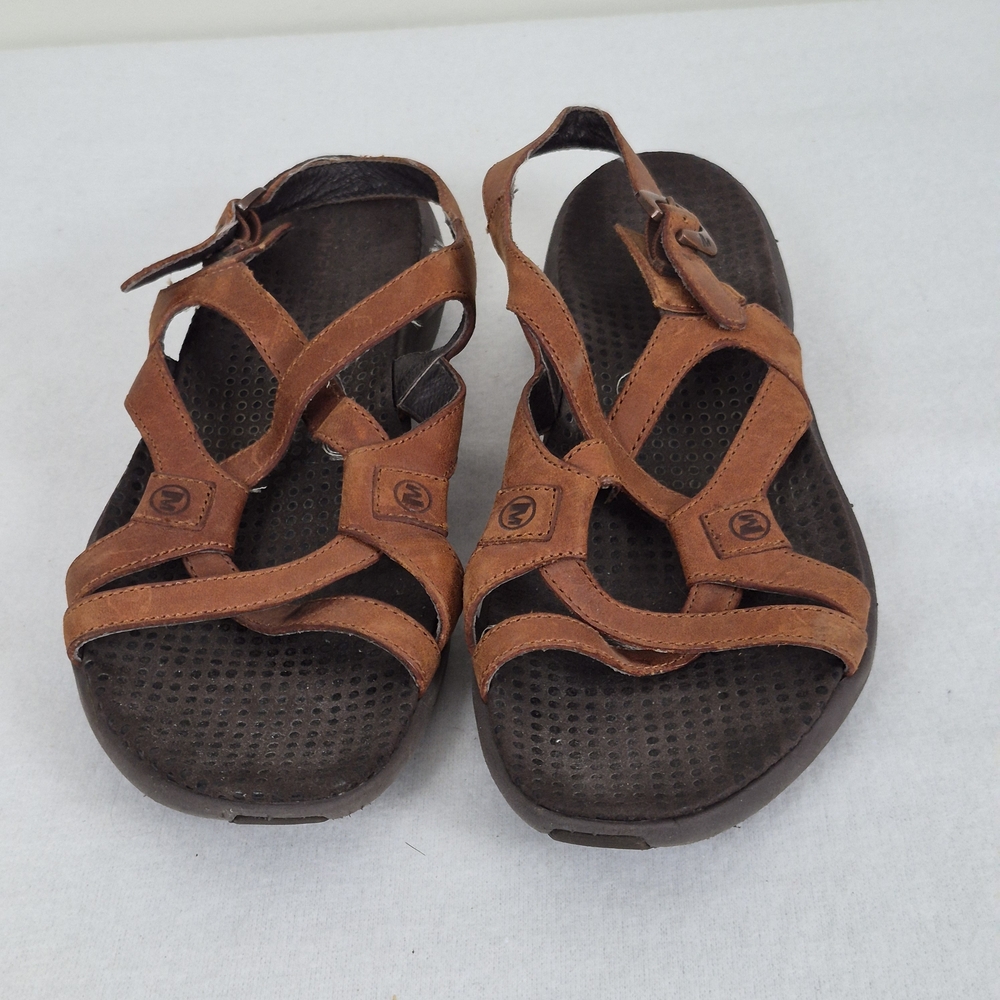 Merrell Agave Autumn Sz 7 Tan Leather Strappy Sandals Outdoors Crunchy Walking - Picture 3 of 8